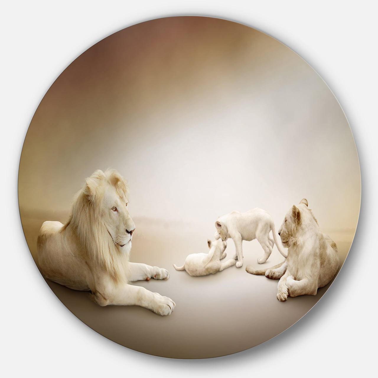 Designart - White Lion Family' Ultra Glossy Animal Oversized Metal Circle Wall Art
